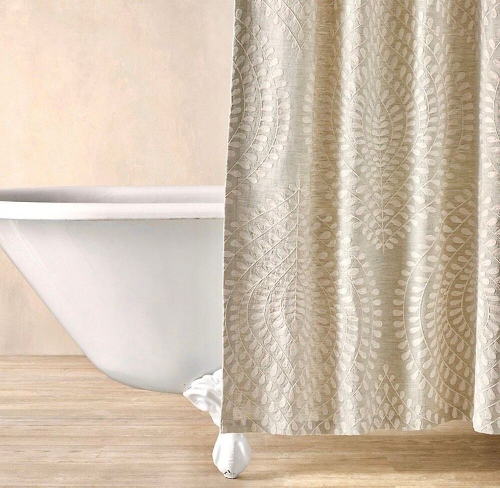 Restoration Hardware RH Flax Palmette Embroidered Linen Shower Curtain 72” x 84”
